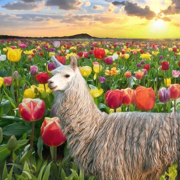 16x20 Suri Alpaca Field of Flowers Sky Landscape Fantasy Oil Painting Art Print - Picture 2 of 7